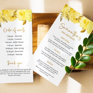 Yellow and Gold Floral Birthday Program, Birthday Program Template, Menu, Order of Events, Thank you Card, Instant Download, FL23