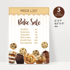 Bake Sale Price List Editable, Instant Download Bake Sale Sign, DIY Market Sale, Community Event Church School Fundraising Template
