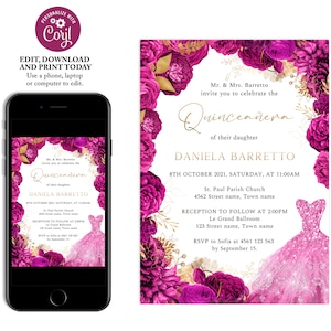 Hot pink quinceanera invitation, fuchsia floral quince anos, 15th birthday invitation, magenta invite, birthday invitation for women, Q22