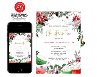 May include: A Christmas Tea invitation with floral and teacup illustrations. The invitation includes the text "Join us for our annual Christmas Tea" and event details. The design is displayed on a smartphone and a white background.