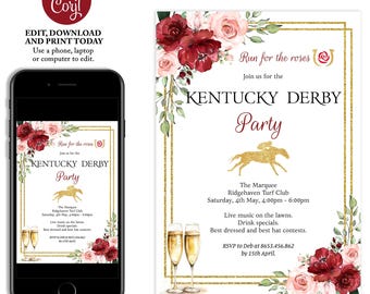 May include: A printable invitation for a Kentucky Derby party. The invitation features a gold frame with floral accents, a gold horseshoe, and a gold silhouette of a horse running. The text reads "Run for the roses" and "Kentucky Derby Party".