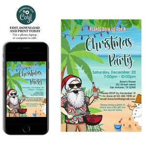 Tropical Christmas Invitation Template, Beach Christmas Invitation, Summer BBQ, Palm Tree Invitation, Summer Santa, Christmas in July