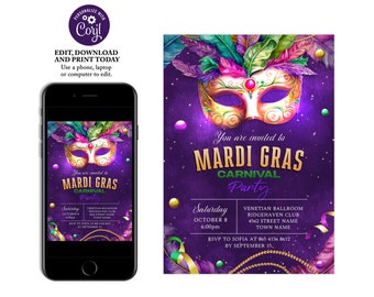 Könnte beinhalten: Eine violette Einladung zu einer Mardi Gras-Party mit einer goldenen und violetten Maske, Federn und Perlen. Der Text lautet "Sie sind eingeladen zur Mardi Gras Karnevals Party". Das Datum ist Samstag, der 8. Oktober um 18:00 Uhr. Der Ort ist Venetian Ballroom, Ridgehaven Club, 4562 Street Name, Town Name. RSVP an Sofia unter 865 4156 8612 bis zum 15. September.