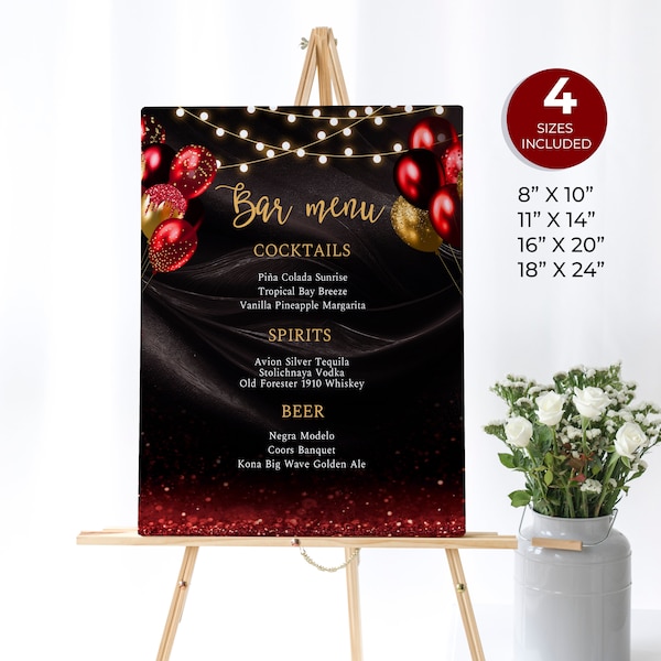 Red and Gold Balloons Bar Menu Sign, Signature Drinks Sign, Red and Black Menu Bar, Cocktail Menu, Black Bar Menu Design, BL09