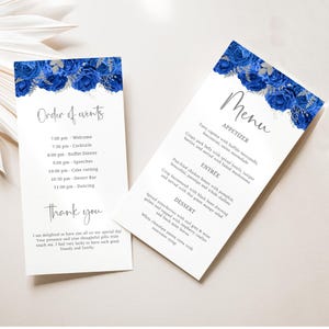 Royal Blau und Silber Floral Geburtstagsprogramm, Geburtstag Programm Vorlage, Menü, Reihenfolge der Ereignisse, Dankeskarte, Instant Download, FL52