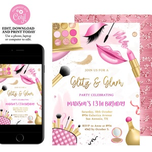 Makeup Birthday Party Invitation, Editable Glitz And Glam Birthday Party Invitation, Pink and Gold Tween Party Invite, Instant Download