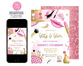 Make-up-Geburtstags-Party Einladung, bearbeitbare Glitz und Glam-Geburtstags-Party Einladung, rosa und Gold Tween Party einladen, sofortiger Download