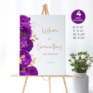 Cartello di benvenuto floreale viola e oro, poster di benvenuto di compleanno, cartello personalizzato di compleanno a sorpresa, cartello di compleanno modificabile, arredamento per feste, FL09
