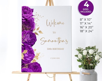 Signo de bienvenida floral púrpura y dorado, cartel de bienvenida de cumpleaños, signo personalizado de cumpleaños sorpresa, signo de cumpleaños editable, decoración de fiesta, FL09
