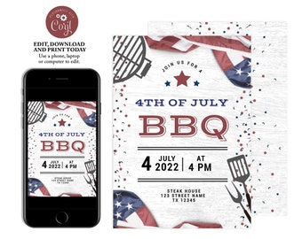 4th of July BBQ Invitation, Patriotic Party Invite, Independence Day Party Invite, Memorial Day BBQ Invitation, Instant Download