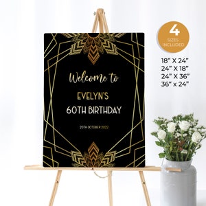 Great Gatsby Welcome Sign, Roaring 20s, Gold & Black Birthday Welcome Sign, Art Deco Custom Sign, Wedding Welcome Sign, Instant Download