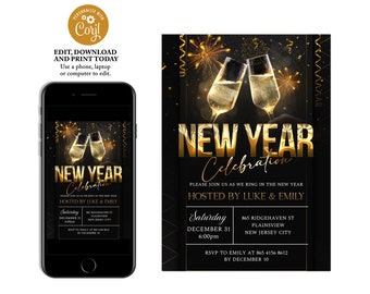 Puede incluir: Una invitación a una fiesta de Nochevieja en negro y dorado con un gráfico de dos copas de champán brindando. El texto dice "New Year Celebration" e incluye la fecha, la hora y el lugar del evento. También se incluye información de RSVP.