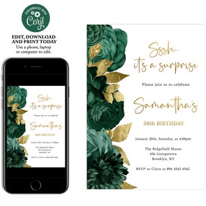 Emerald Green and Gold birthday Invitation, Dark Green Birthday Invitation for Women, Editable Birthday Invite, Instant Download, FL24