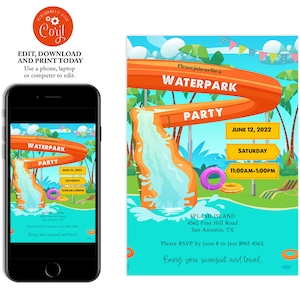 Waterpark Party Invitation, Waterpark Birthday Invite, Pool Birthday Invitation, Editable Invitation, Summer Invite, Splash Invite