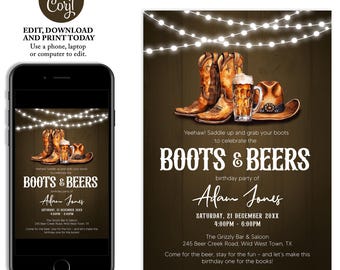 Invitación de fiesta de cumpleaños con botas y cerveza, invitación de cumpleaños de vaquero, invitación rústica de campo marrón, sombrero y botas de vaquero, cumpleaños de adultos para hombres