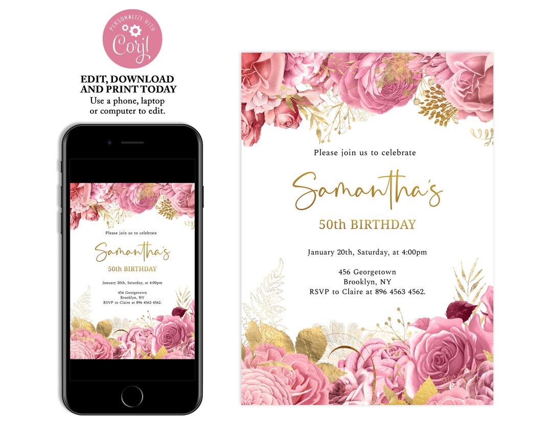 Blush Pink and Gold Floral Birthday Invitation, Light Pink, Birthday Invitations for Women