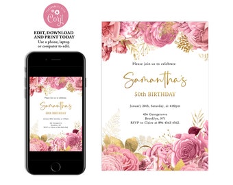 Blush Pink and Gold Floral Birthday Invitation, Light Pink, Birthday Invitations for Women, Editable Birthday Invite, Instant Download, FL06