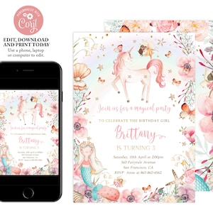 Magical Birthday Invitation, Unicorn Invitation, Mermaid Invitation, Fairy Birthday Invitation, Birthday Invitation for Girls, F04