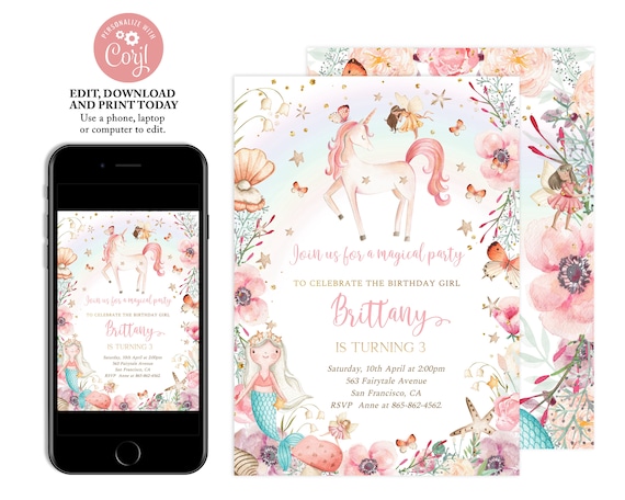 Magical Birthday Invitation, Unicorn Invitation, Mermaid Invitation, Fairy Birthday Invitation, Birthday Invitation for Girls, F04