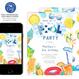 Boy pool party invitation, editable pool birthday party invitation, pool party invite, swimming birthday invitation template, summer invite