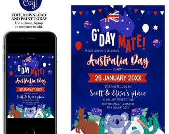Può includere: Un invito blu e rosso per una festa del giorno dell'Australia. L'invito presenta una mappa dell'Australia con la bandiera australiana, un canguro, un koala e un uccello. Il testo sull'invito recita "G'Day Mate!" e "Australia Day". La data della festa è il 26 gennaio 20XX. L'ora della festa è le 10:00. La posizione della festa è a casa di Scott & Elisa, 42 Wallaby Street, Sydney. Le informazioni RSVP sono per Eliza al 123456789 entro il 9 gennaio 20XX.