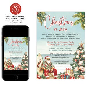 Druckbare Weihnachten im Juli Einladung, Editierbare Santa Surfbrett Party einladen, Tropische Santa Weihnachtseinladung, Küstenweihnachten im Juli