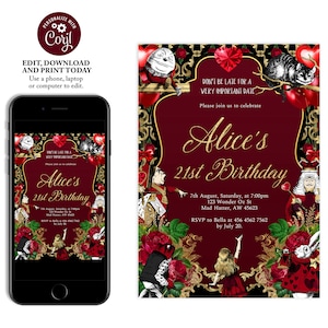 Alice In Wonderland Birthday Invitation for Adults, Whimsical Gala Ball, Queen of Hearts, Red Invitation, Mad Tea Party, Escape Room