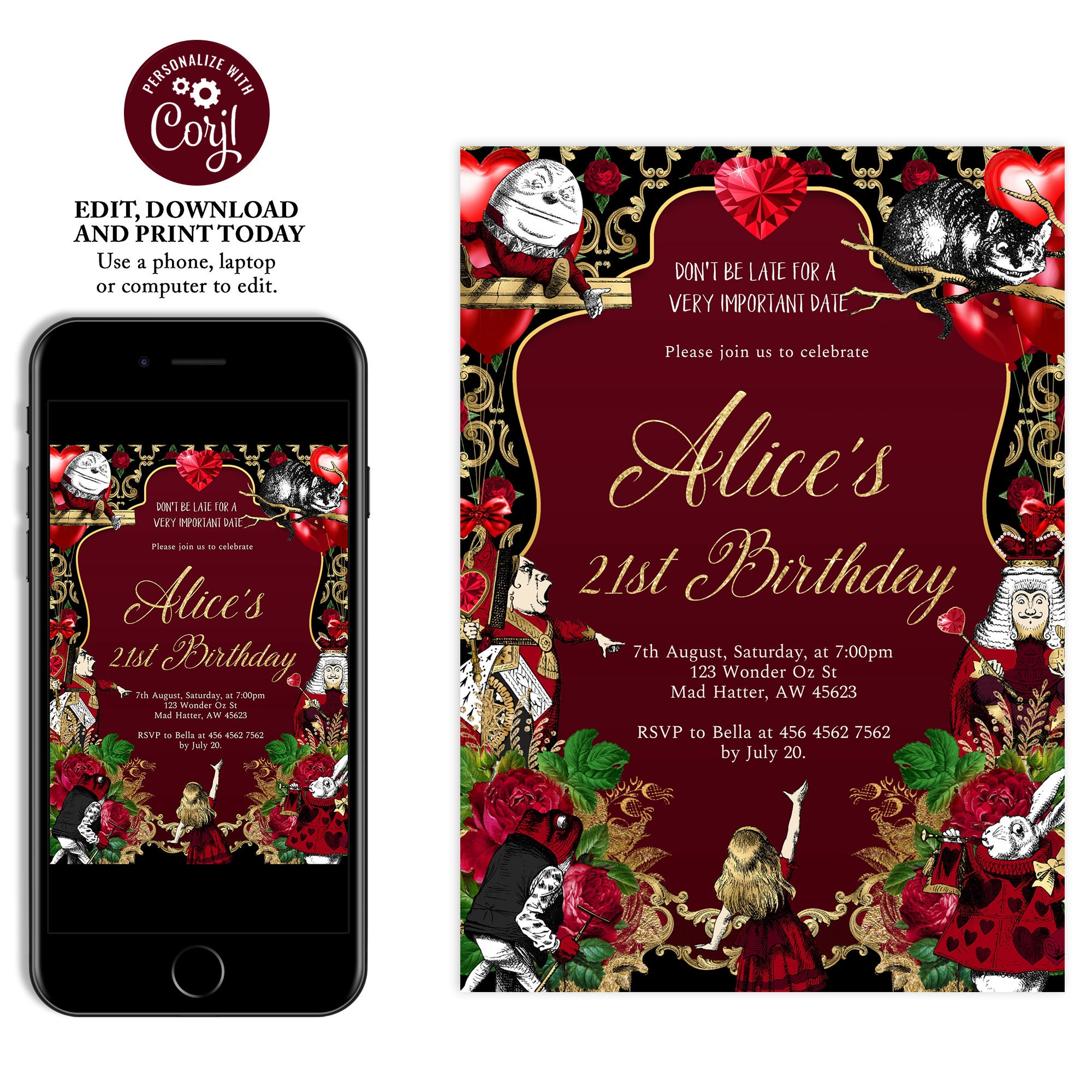 Alice In Wonderland Birthday Invitation for Adults, Whimsical Gala Ball, Queen of Hearts, Red Invitation, Mad Tea Party, Escape Room