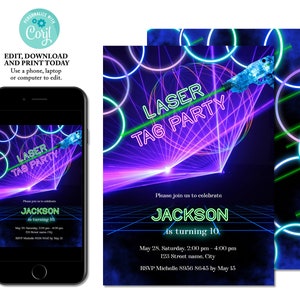 Laser tag birthday invitation, Laser tag invitation, boy birthday invitation, neon invitation, editable invitation, instant download