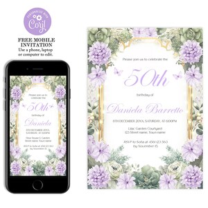 Invitación de cumpleaños número 50, invitación de cumpleaños lila, invitación de cumpleaños boho lavanda, mariposas lilas, invitación de lila verde salvia y oro, Q74