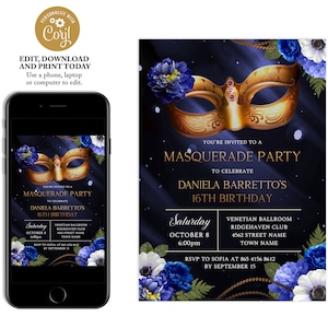 Masquerade Birthday Party Invitation, Masquerade Invitation Sweet 16, Mardi Gras Birthday, Blue Flowers Birthday Invite, Masquerade Ball
