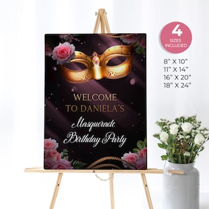 Masquerade Party Welcome Sign, Masquerade Poster Sweet 16, Mardi Gras Birthday, Pink Roses Welcome Sign, Masquerade Ball, Pink and Gold Sign