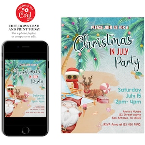 Christmas In July Party Invitation, Summer Party Invite, Editable Template Holiday invitation, Tropical Beach Party Invitation, Summer Santa
