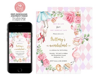 Magical Birthday Party Invitation, Whimsical Enchanted Invitation, Pink Floral Invitation, Instant Download, Editable Template, A01