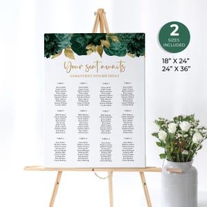 May include: A printable seating chart for a 50th birthday party. The chart features a green and gold floral design with the text "Your seat awaits Samantha's 50th Birthday". The chart is divided into 12 tables with names listed under each table.