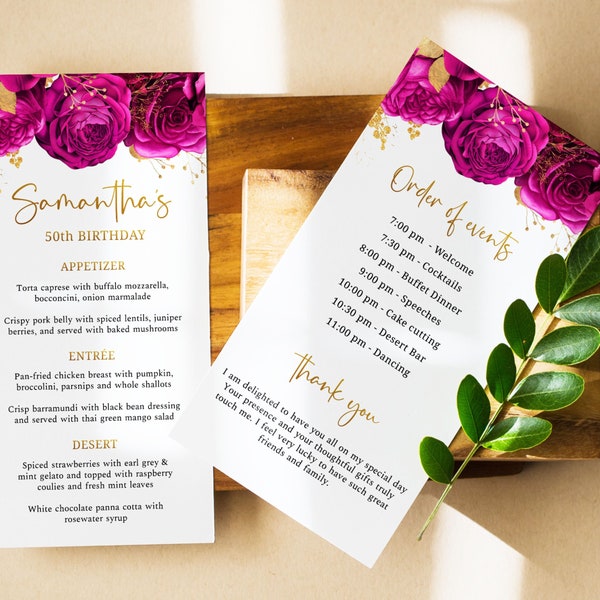 Hot Pink and Gold Floral Birthday Program, Birthday Program Template, Menu, Order of Events, Thank you Card, Instant Download, FL08