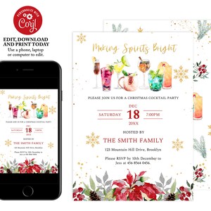 Editable Holiday Cocktail Party Invitation, Christmas Party Invitation, Making Spirits Bright, Adult Holiday Christmas Party Invite