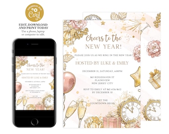 May include: A New Year's Eve party invitation with gold and pink accents. The invitation features a clock, champagne flutes, and a starburst design. The text reads "Cheers to the New Year!" and includes the date, time, and location of the party. Hosted by Luke & Emily.