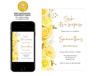 Yellow and Gold Floral Birthday Invitation, Birthday Invitation for Women, Yellow Flowers, Editable Birthday Invite, Instant Download, FL22