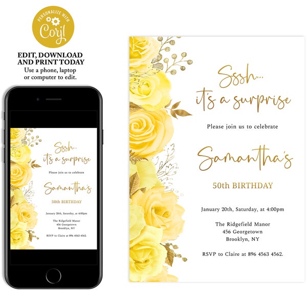 Yellow and Gold Floral Birthday Invitation, Birthday Invitation for Women, Yellow Flowers, Editable Birthday Invite, Instant Download, FL22