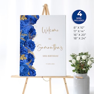 Royal Blue and Gold Floral Welcome Sign, Birthday Welcome Poster, Surprise Birthday Custom Sign, Editable Birthday Sign, FL26