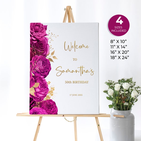 Hot Pink and Gold Floral Welcome Sign, Birthday Welcome Poster, Surprise Birthday Custom Sign, Editable Birthday Sign, Fuschia, FL07
