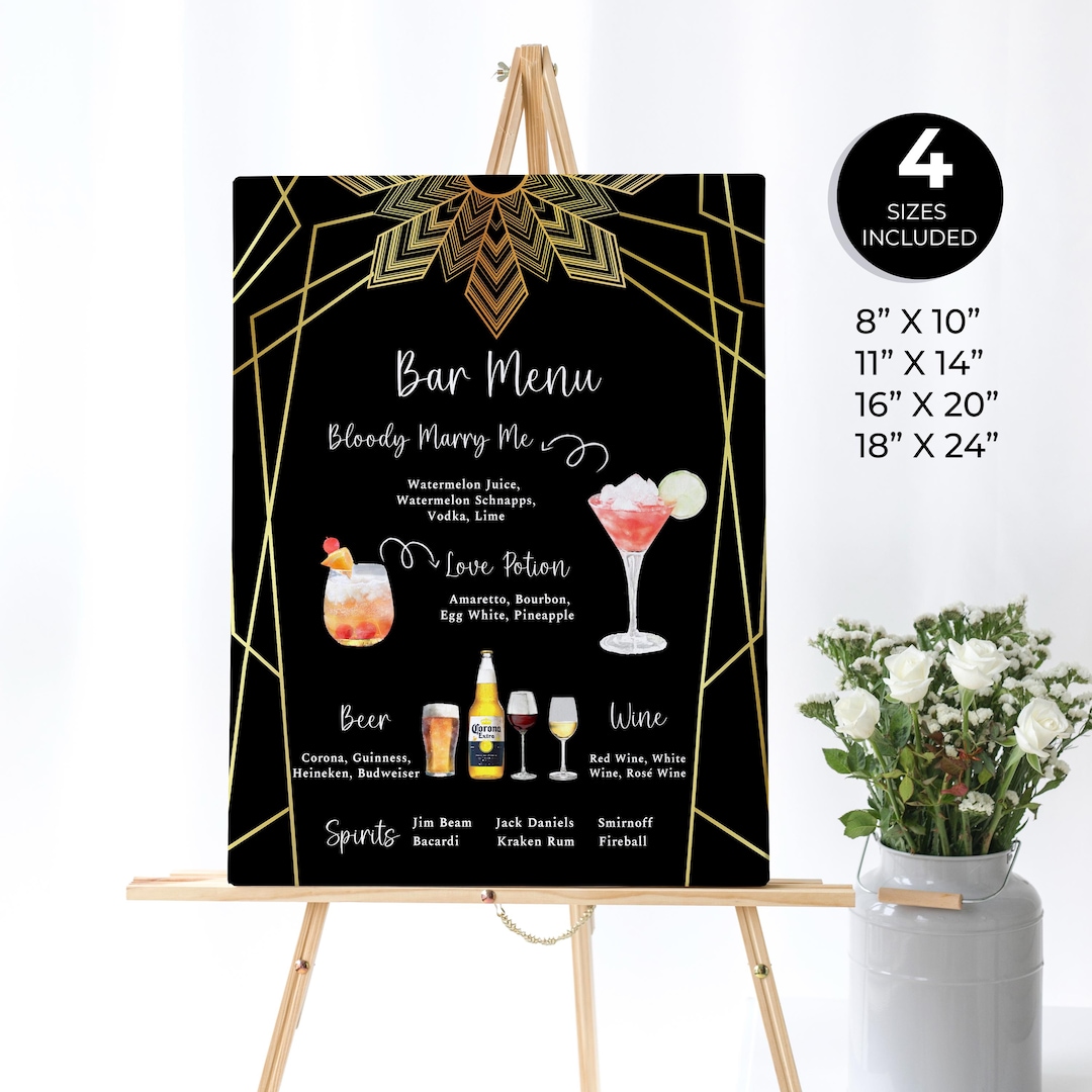 Gatsby Bar Menu Sign, Signature Drinks Sign, Cocktail Menu, Roaring 20 ...