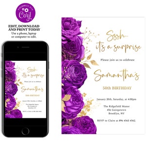 Lila und Gold Blumen Geburtstagseinladung, Geburtstagseinladungen für Frauen, Überraschungsgeburtstag, bearbeitbare Geburtstagseinladung, FL09