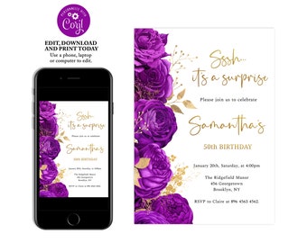 Purple and Gold Floral Birthday Invitation, Birthday Invitations for Women, Surprise Birthday, Editable Birthday Invite, FL09