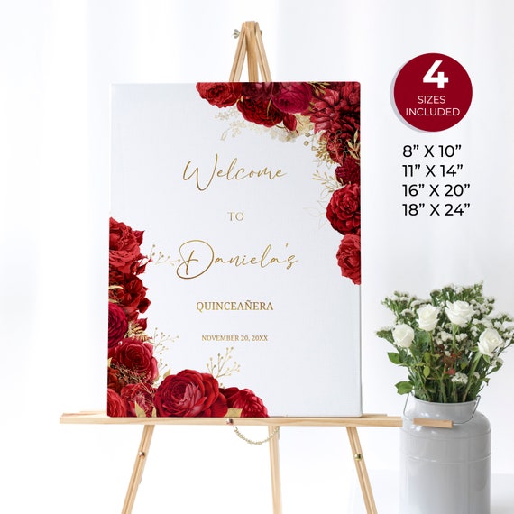 Red and Gold Floral Welcome Sign, Birthday Welcome Poster, Surprise Birthday Custom Sign, Editable Birthday Sign, Quinceanera Sign, Q04