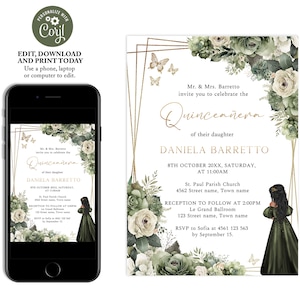 Sage green and cream quinceanera invitation, floral quince anos, 15th birthday invitation, sweet sixteen, gold butterflies, Q38