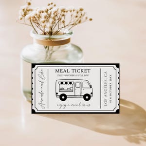 Plantilla editable de boletos para food trucks modernos, vales minimalistas para comidas de bodas, boletos para food trucks, fichas para comidas de bodas, tarjetas para fiestas