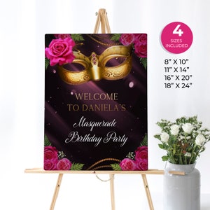 Masquerade Party Welcome Sign, Masquerade Poster Sweet 16, Mardi Gras Birthday, Hot Pink Welcome Sign, Masquerade Ball, Hot Pink Custom Sign