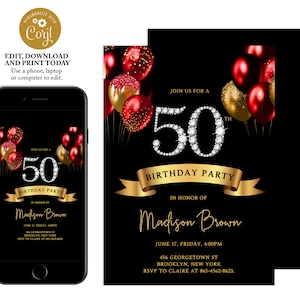50th birthday invitation for women, red and gold birthday invitation, adult birthday invitation, balloons invitation, instant download, BL05